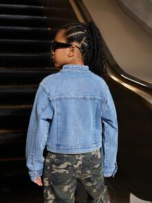 Tween Girls Casual Comfortable Soft Washed Zipper Decor Street Chic Denim Jacket - Medium Wash - View 2