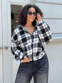 SHEIN EZwear Plus Size Women Plaid Printed Long Sleeve Fluffy Hooded Casual Jacket, Fall & Winter