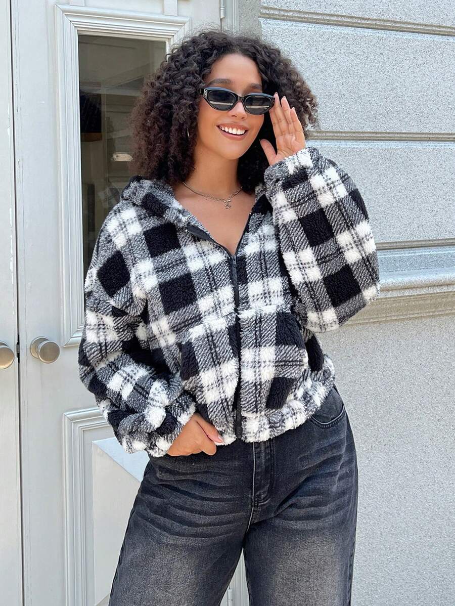 SHEIN EZwear Plus Size Women Plaid Printed Long Sleeve Fluffy Hooded Casual Jacket, Fall & Winter