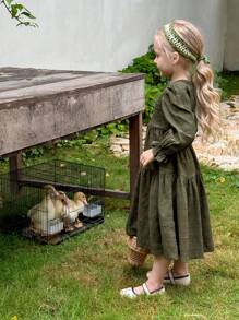 LMoss Kids LMoss Young Girl 编织圆领泡泡袖修身休闲连衣裙 - 綠色 - 查看 6