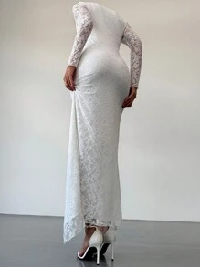 Aloruh New Arrival White Lace Sexy Deep V Floral 3D Decor Long Sleeve Elegant Cocktail Party Dress - White - View 4