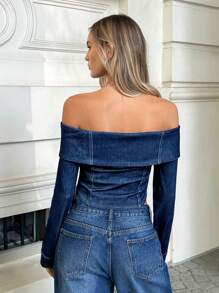 Forever 21 女士露肩长袖简约牛仔衬衫，休闲日常穿着 - 藏蓝色 - 查看 3
