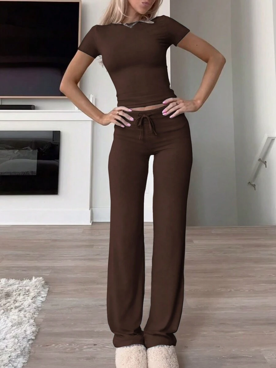 GAOVOT Women's Y2K Style Casual Sports Set - Solid Color Short Sleeve Crew Neck T-Shirt Paired With Slim Straight Leg Pants Summer - Brown - View 1