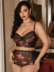 大碼印花網紗內衣套裝