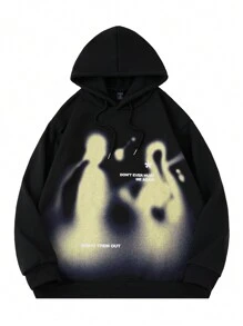 ROMWE MEN Street Life 男士模糊肖像印花连帽运动衫，复古街头服饰 - 黑色 - 查看 1