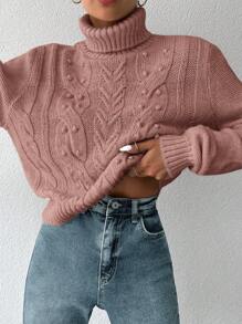 EURMUSE 女士纯色高领长袖简约毛衣，休闲日常穿着 - 藕粉色 - 查看 4
