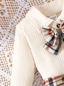 2pcs/Set Young Girl School Uniform Outfits, Including Collared Knit Long Sleeve Sweater With Bow Accent And Plaid Skirt, Fall/Winter Plaid Skirt Set - Apricot - View 7