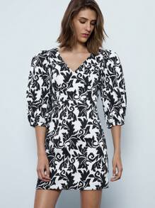 Maija Women's V-Neck Balloon Sleeve Straight Elegant Short Casual Dress Fall Women Clothes