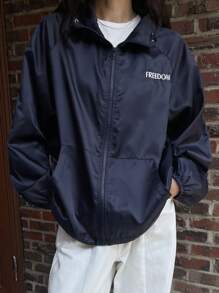 DAZY 女式字母刺绣前拉链休闲夹克，秋季服装 - 藏蓝色 - 查看 9