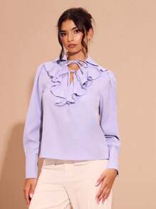 Zolique Áo cánh buộc nơ cổ bèo nhún phía trước - Màu tím hoa cà - Xem 3