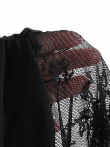 DAZY Lace Contrast Hollow Out Design Fitted Knit T-Shirt Top For Women Going Out Tops,Ruffle Sheer Long Sleeve Women Tops - Black - View 6