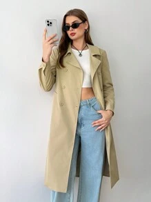 Flirla 纯色翻领长袖前扣休闲风衣 - 卡其色 - 查看 3
