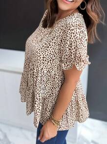 INAWLY Women's Casual Round Neck Short Sleeve Allover Print T-Shirt - Khaki - View 3