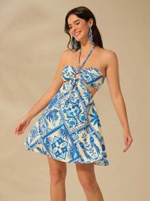 SHEIN x Eduarda Gutierrez CAJUNI 女士度假波西米亚风热带花卉、鸟类、椰子树、菠萝蓝白印花露背镂空休闲海滩夏装 - 藍白色 - 查看 1