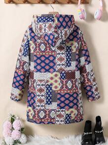 Áo khoác thường ngày có mũ trùm đầu in hoa tay dài lót nhiệt cho bé gái tuổi mới lớn, mùa thu và đông - Cà phê nâu - Xem 2