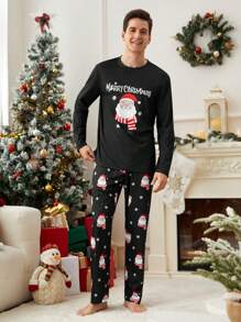Men's Christmas Print Round Neck Long Sleeve Top & Pants Pajama Set, Fall Winter Clothes - Black - View 6
