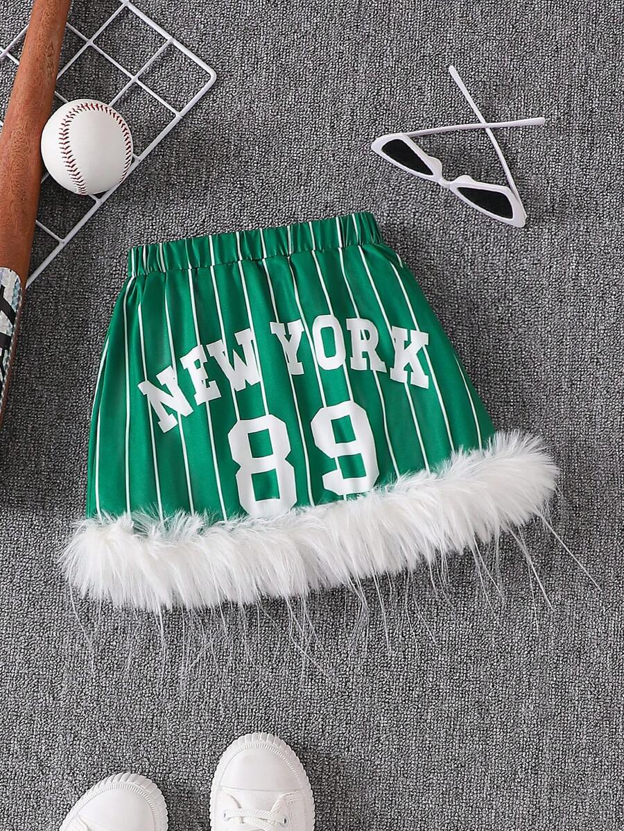 SHEIN 女童休闲绿色字母印花毛边下摆半身裙 - 綠色 - 查看 1