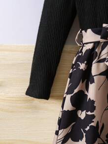 SHEIN 年轻女孩休闲纹理罗纹针织长袖连衣裙，配印花腰带，百搭时尚设计，适合休闲、度假、春夏秋季 - 彩色 - 查看 7