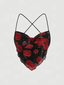 SHEIN MOD Áo hai dây buộc sau lưng in họa tiết hoa cổ khoét sâu cho nữ, áo cổ lọ, áo màu đỏ tía, áo câu lạc bộ, áo dự tiệc, áo lưới, áo crop top, trang phục hòa nhạc, trang phục người phụ nữ mèo, quần áo hippie - màu đen - Xem 1