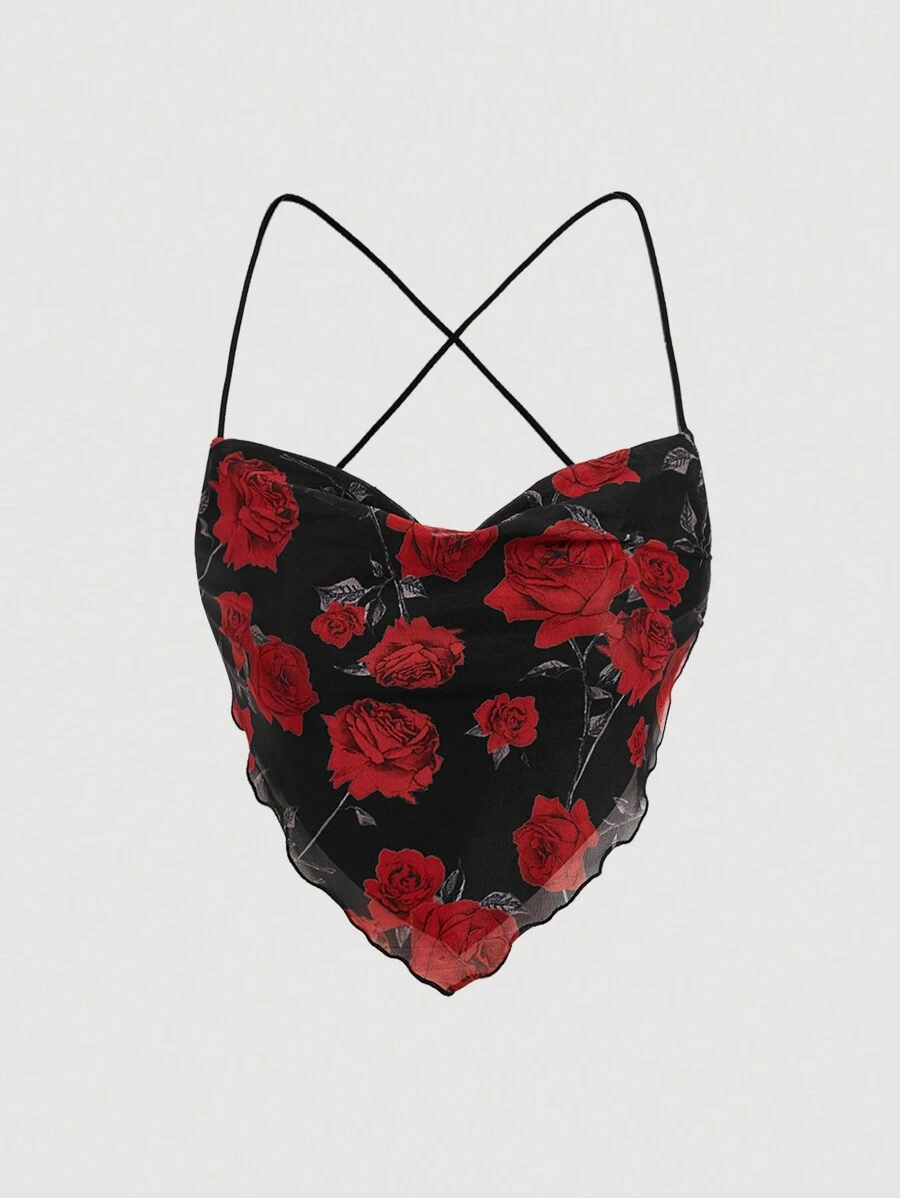 SHEIN MOD Áo hai dây buộc sau lưng in họa tiết hoa cổ khoét sâu cho nữ, áo cổ lọ, áo màu đỏ tía, áo câu lạc bộ, áo dự tiệc, áo lưới, áo crop top, trang phục hòa nhạc, trang phục người phụ nữ mèo, quần áo hippie - màu đen - Xem 1