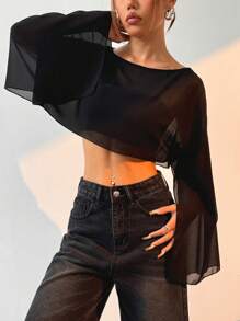 SHEIN EZwear Blusa Solta e Curta de Manga Morcego com Gola Redonda e Cor Sólida, Manga Três Quartos, Primavera/Verão