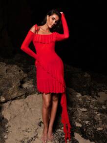 Opulessa Red Autumn 70s Party Vacation Holiday Women Bridesmaid Dress,Knit Mesh Fitted Ruffle Frill Hem Mini Dress, Semi Formal Long Sleeves Dinner Outfit - Red - View 3