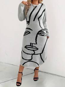 Calvaya Plus Size Women Fashion Abstract Intarsia Knitted Sweater Dress - Multicolor - View 1