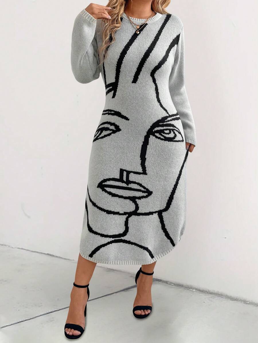 Calvaya Plus Size Women Fashion Abstract Intarsia Knitted Sweater Dress - Multicolor - View 1