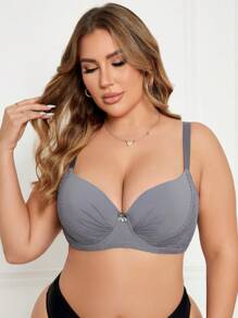 1pc Minimalist Lace Patchwork Padded Underwire Brassiere, Plus Size Women Lingerie - Grey - View 7