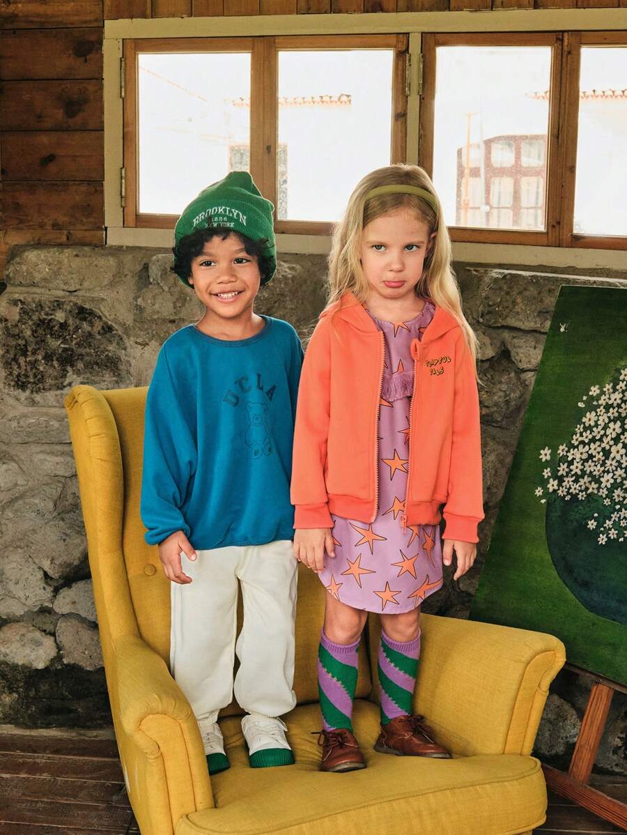 SHEIN 1 pezzo Maglione ampio con stampa di orso cartoni animati carino/retrò/casual, adatto sia per i ragazzi che per le ragazze, primavera/autunno/inverno - blu polveroso - Visualizzare 1