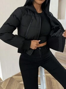 Chiquease 女士拉链口袋长袖街头时尚夹棉外套冬季服装 - 黑色 - 查看 6