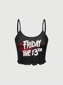 Friday the 13th X ROMWE Women Letter Graphic Lettuce Trim Casual Cami Top & Shorts Pajama Set - Black - View 3