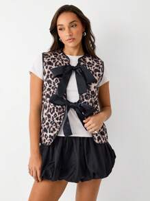 TRNVIE 女士秋冬装无袖豹纹蝴蝶结系带背心加厚棉服外套 - 彩色 - 查看 3