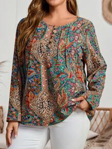 EMERY ROSE Blusa elegante de manga larga con cuello redondo, abotonada y con estampado completo, de moda, elegante para el otoño, talla grande - Multicolor - Ver 1