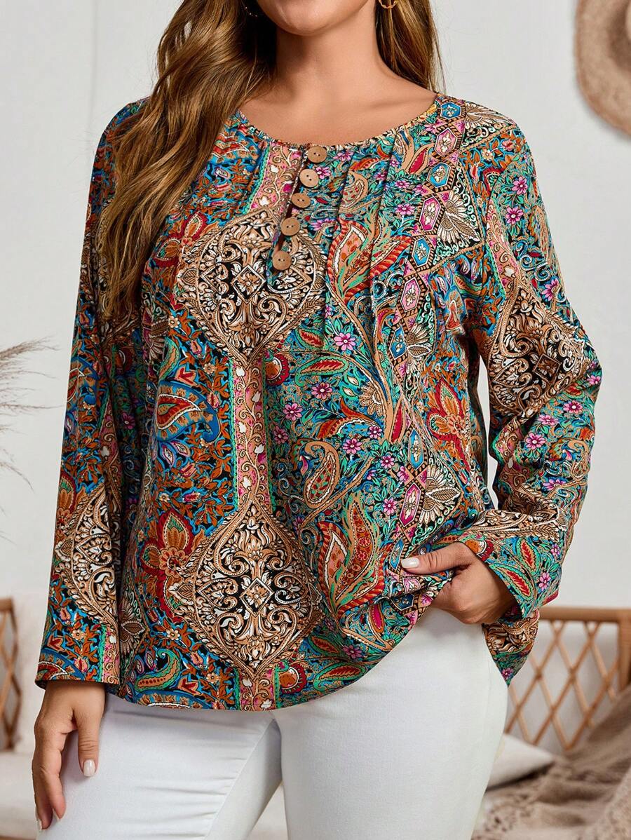 EMERY ROSE Blusa elegante de manga larga con cuello redondo, abotonada y con estampado completo, de moda, elegante para el otoño, talla grande - Multicolor - Ver 1