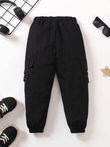 年轻男孩时尚休闲基本款抽绳翻盖实用黑色工装裤，适合秋季