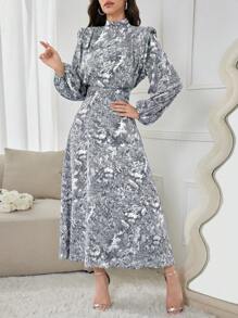 Modelyn Vestido largo de noche para mujer con estampado tie-dye, cuello alto y mangas farol