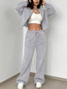 SHEIN Unity Women Street Style Camouflage Maple Leaf Print Zipper Sweatshirt & Pants Set For Autumn/Winter - Light Grey - View 3