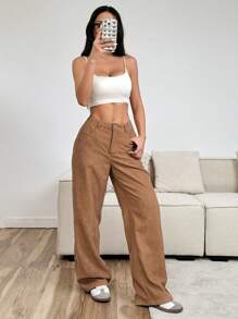 Muchica Brown Corduroy Wide Leg Pants For Women, Autumn New Arrival - Brown - View 3