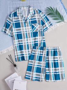 2pcs Plaid Pattern Short Sleeve Cardigan And Shorts Casual Pajama Set For Tween Boys