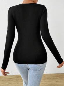 Chiquease 女士純色剪裁綁帶針織毛衣基礎款暢銷款 - 黑色 - 查看 2