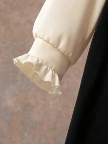 少女荷叶边纯色拼接休闲度假长袖连衣裙 - 黑色 - 查看 5