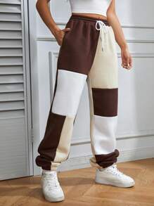 Flirla Colorblock Drawstring Waist Slant Pocket Sweatpants Graduation,Back To School Outfits,Graduation,Teacher Outfits For Women,Back To School