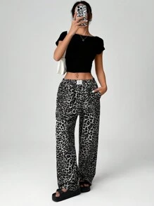 SHEIN EZwear 女士豹纹阔腿街头裤 - 灰色 - 查看 3