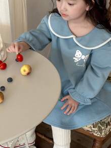 Dazy Kids 女童蝴蝶图案抓绒连衣裙，秋季服装，冬季 - 藍色 - 查看 5