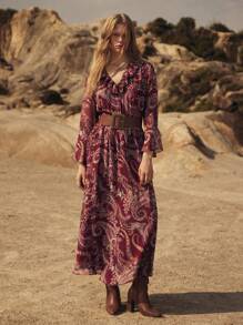 Maija Váy xòe tay loe cổ chữ V họa tiết hoa Paisley phong cách phương Tây dành cho nữ - Màu tím - Xem 8