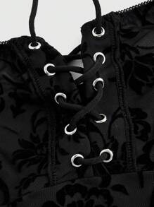ROMWE Goth Gothic Floral Flocked Jumpsuit Wrap Top & Sexy Lingerie Set
