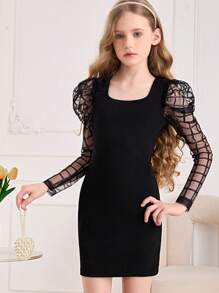 SHEIN Leap Crew Tween Girl Grid Print Sheer Mesh Gigot Sleeve Dress Without Belt - Black - View 1