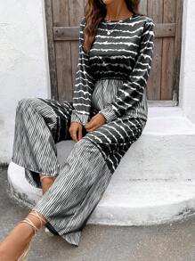 SHEIN Unity Long Sleeve Striped Patchwork Print Jumpsuit For Leisure & Vacation Fall Cloth For Women