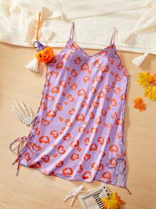 Le freak c est chic Vestido de tirantes con lazo lateral estampado con corazón de leopardo de estilo "artista girlcore" para mujeres de talla grande